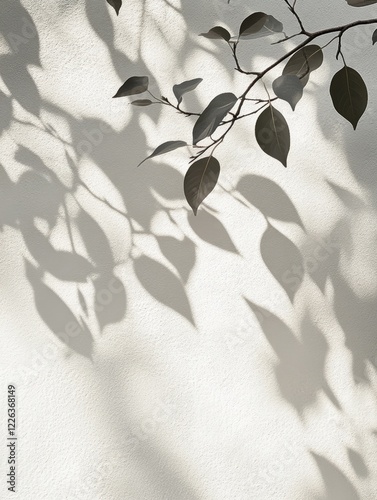 Leaves and shadows cast on a white wall.