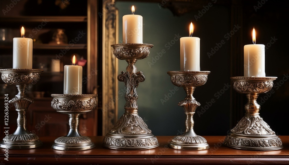 Ornate candle holders with lit candles create a warm, inviting ambiance. Ornate candle holders with lit candles create a warm, inviting ambiance.