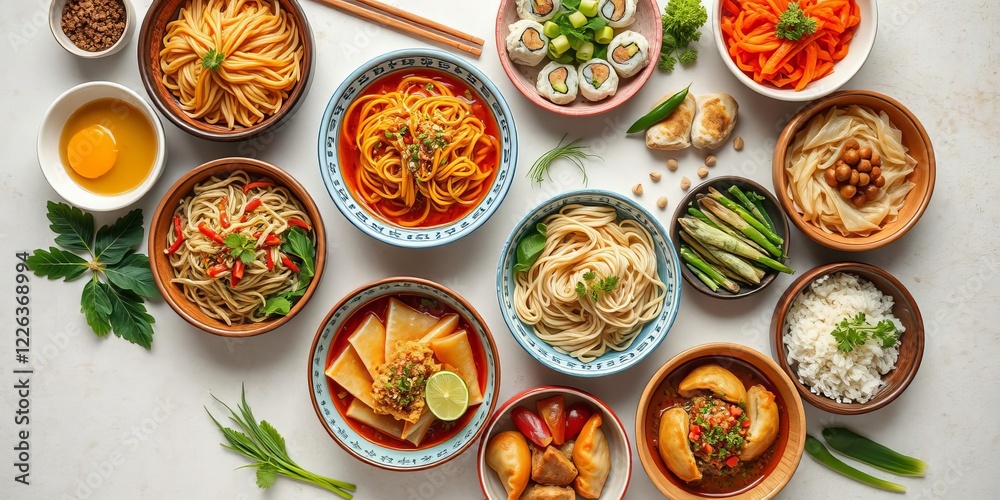 Top view of a variety of Asian dishes served in colorful bowls, presentation, table, top view Top view of a variety of Asian dishes served in colorful bowls, presentation, table, top view
