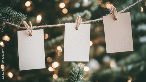 Festive Setup: Blank Photos on a String with a Christmas Tree Behind