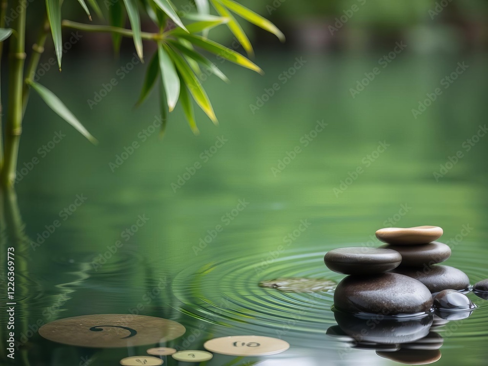 Naklejka premium Tranquil spa background featuring black stones and bamboo on water, water, tranquil, calm