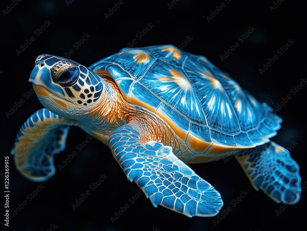 Majestic Turtle Swimming Gracefully in Deep Blue Ocean Waters with Vibrant Colors and Detailed Shell Texture Illuminated by Soft Underwater Light Majestic Turtle Swimming Gracefully in Deep Blue Ocean Waters with Vibrant Colors and Detailed Shell Texture Illuminated by Soft Underwater Light