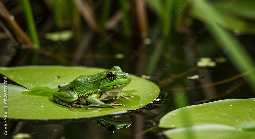 Green Frog on Lily Pad in Pond Nature Photography Green Frog on Lily Pad in Pond Nature Photography
