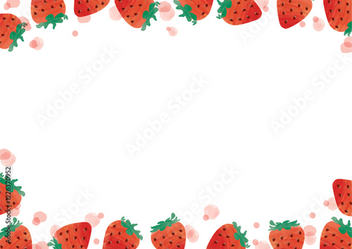 水彩のいちごとピンクの水玉のフレーム_横
