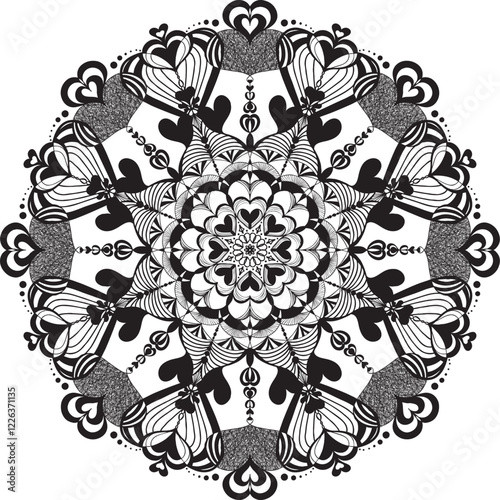 Universe of Love. A circular line art that combines heart and flower patterns, expressing love that blooms like stars in the universe.  Suitable for use as a pattern on cards, gifts, or decorations fo