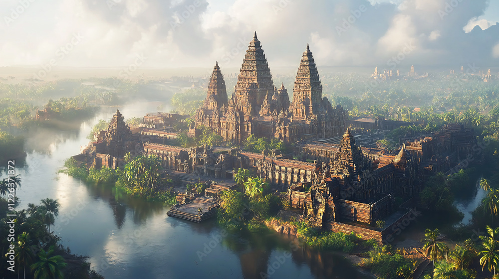 Fototapeta premium A Stunning Aerial View Of A Vast Temple Complex With Intricate Towers And Sprawling Courtyards, Surrounded By A Tranquil River And Lush Vegetation