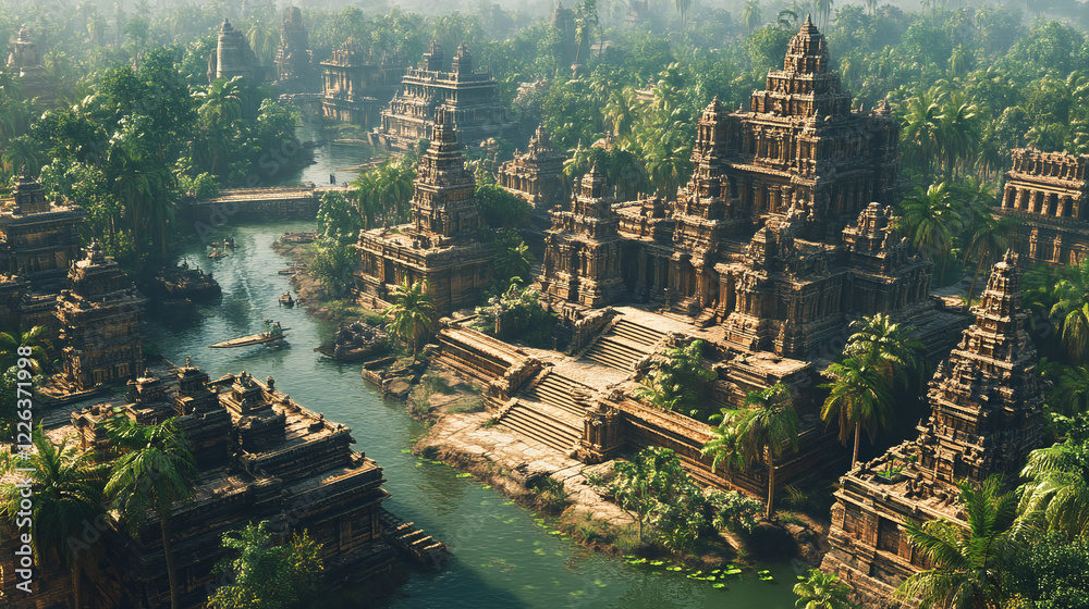 Fototapeta premium A Stunning Aerial View Of A Vast Temple Complex With Intricate Towers And Sprawling Courtyards, Surrounded By A Tranquil River And Lush Vegetation