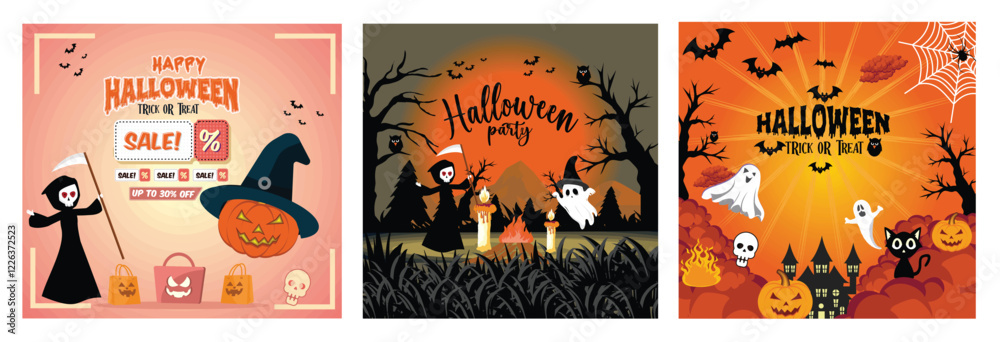 Halloween Sale Promotion. Ghost and Grim Reaper. Party invitation background with clouds, bats and pumpkins. Halloween Sale Promotion. Ghost and Grim Reaper. Party invitation background with clouds, bats and pumpkins.