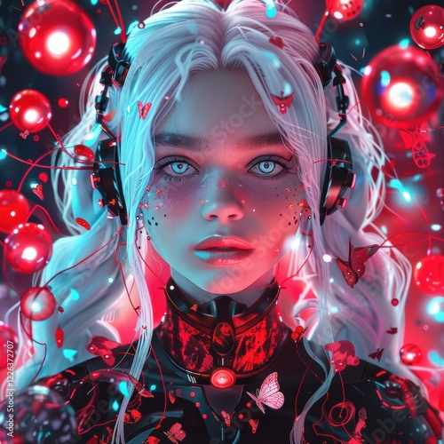 A woman with white hair and blue eyes in a futuristic setting. AI.