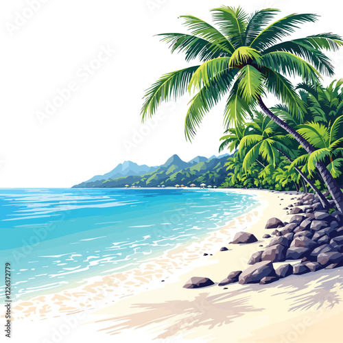 a tropical beach with palm trees and rocks