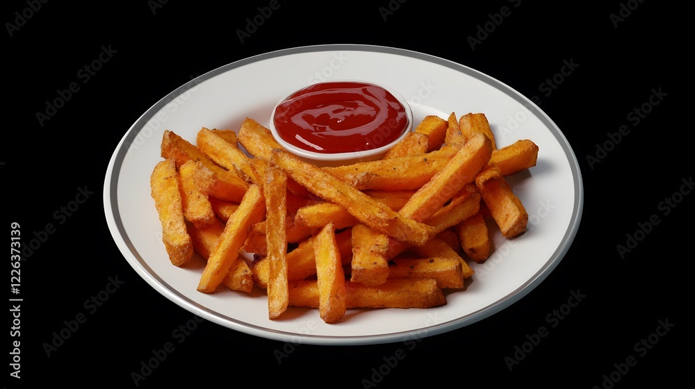 Crispy Sweet Potato Fries Served on White Plate Accompanied by Ketchup Dip Against Black Background Crispy Sweet Potato Fries Served on White Plate Accompanied by Ketchup Dip Against Black Background