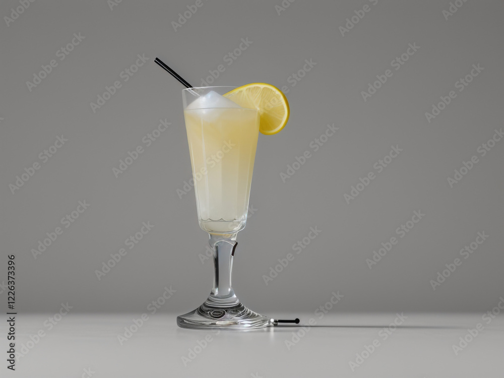 A lemon drink with a straw in a glass, and a bullet on the table below, sits against a gray background. A lemon drink with a straw in a glass, and a bullet on the table below, sits against a gray background.