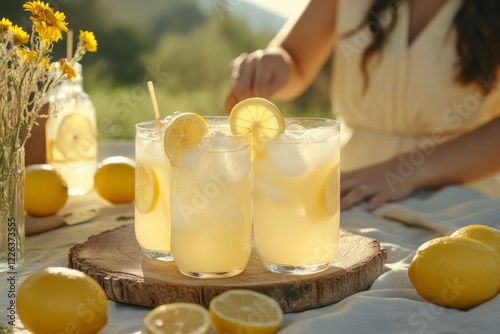 Refreshing Summer Lemonade Drinks with Fresh Ingredients Outdoors