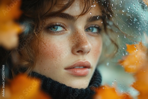 Natural Beautiful Woman Relaxing in Car with Knitted Black Sweater and Autumn Leaves Background