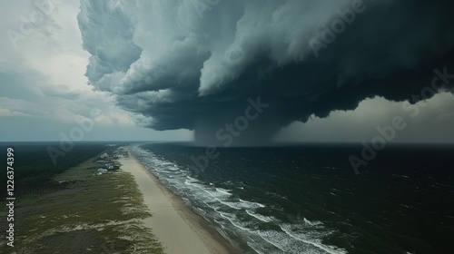 Stormy Coastal Scene: Imposing Shelf Cloud Over the Ocean photo