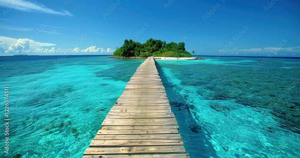 Naklejka premium A wooden walkway leads to a small island in the middle of a turquoise lagoon. AI.