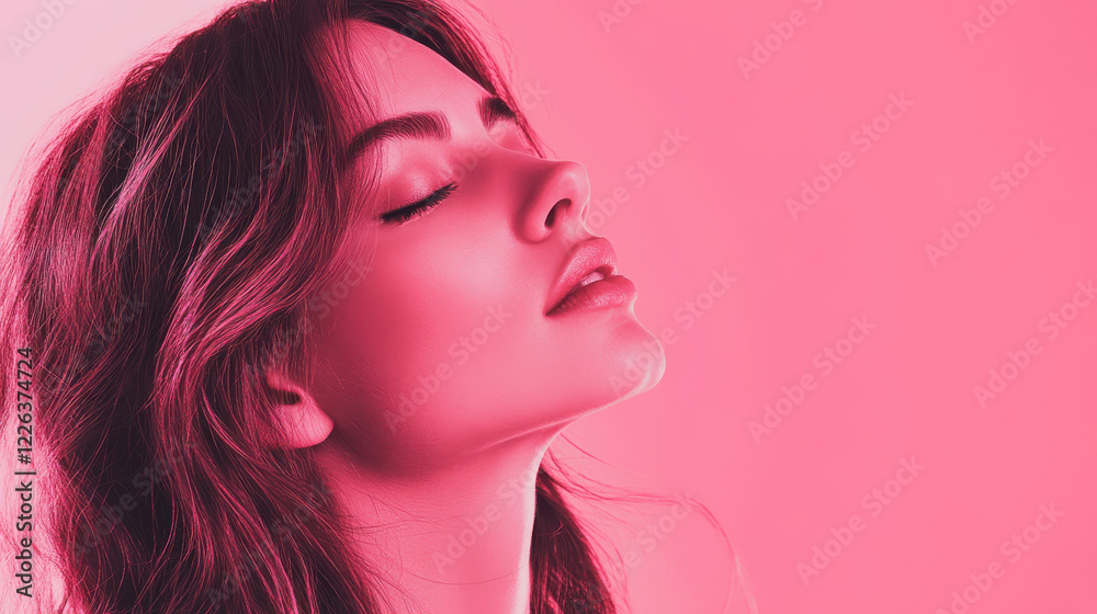 A striking portrait of a woman with long flowing hair, closed eyes, her face caressed by soft natural light A striking portrait of a woman with long flowing hair, closed eyes, her face caressed by soft natural light