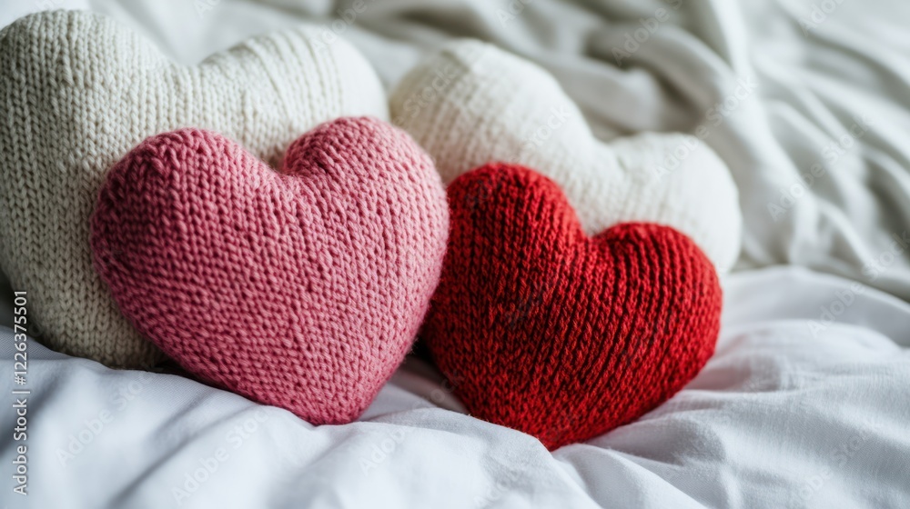 Three knitted hearts on a bed. Three knitted hearts on a bed.