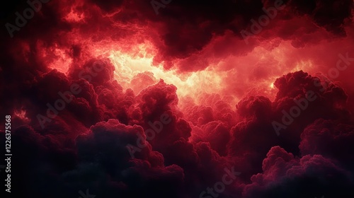 Dramatic stormy red clouds in a cinematic cloudscape with intense chiaroscuro lighting