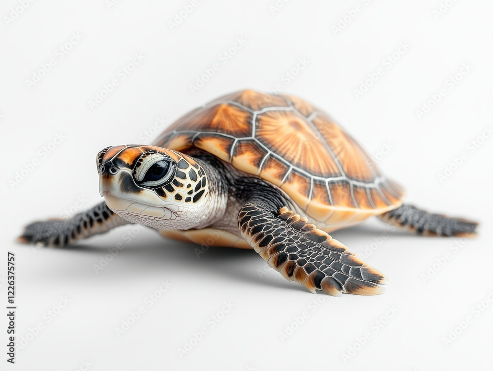 Obraz premium Realistic representation of a colorful sea turtle on a neutral background showcasing intricate patterns and textures of its shell and skin in vivid detail