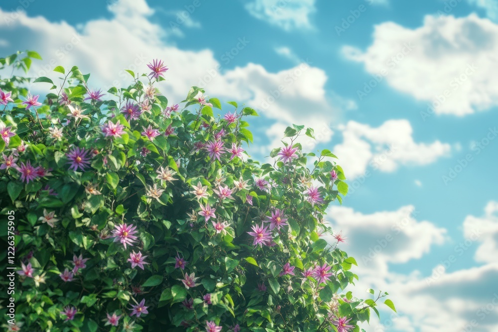 Pink Clematis Vine, Sunny Sky, Summer Flowers, Nature Background, Garden Pink Clematis Vine, Sunny Sky, Summer Flowers, Nature Background, Garden