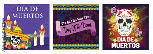 Celebratory Dia de Muertos. Inscription Day of the Dead in Spanish. Sugar Skull with Flowers.