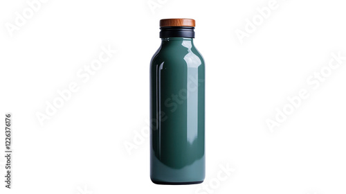 Stylish green bottle with wooden cap on a black background, perfect for beverage storage. transparent background