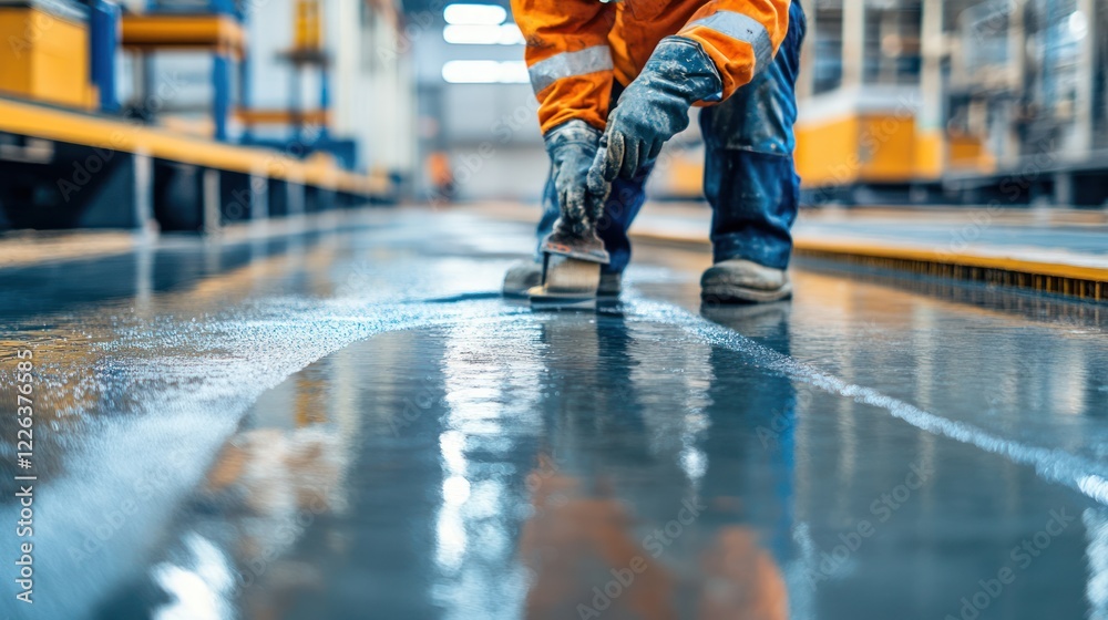 Fototapeta premium Worker smoothing wet epoxy floor.