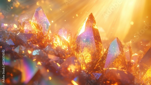 Golden crystals cluster in radiant light, showcasing iridescent hues. Perfect for concepts of energy, wealth, or spiritual power.
