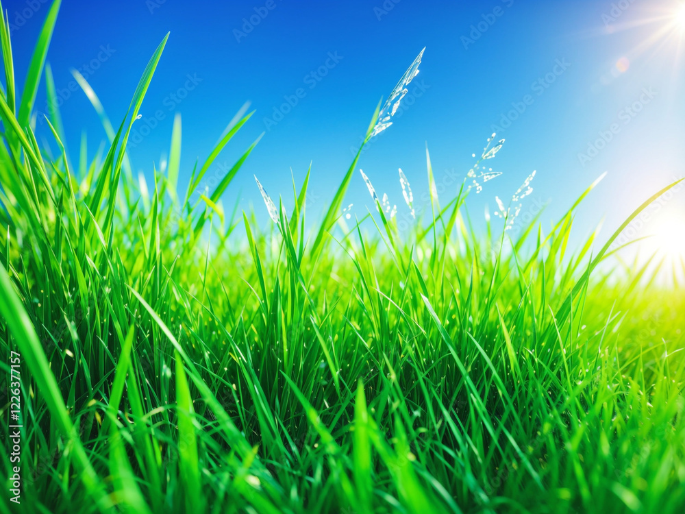 Fototapeta premium A bright sun shines through a clear blue sky, illuminating blades of lush green grass.
