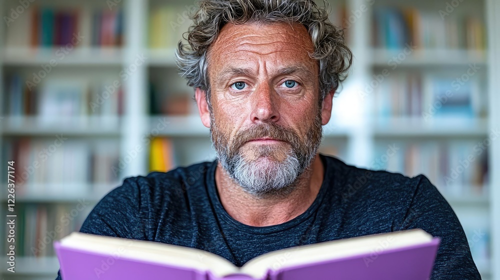Man reading book in library, thoughtful expression. Use education, literature Man reading book in library, thoughtful expression. Use education, literature