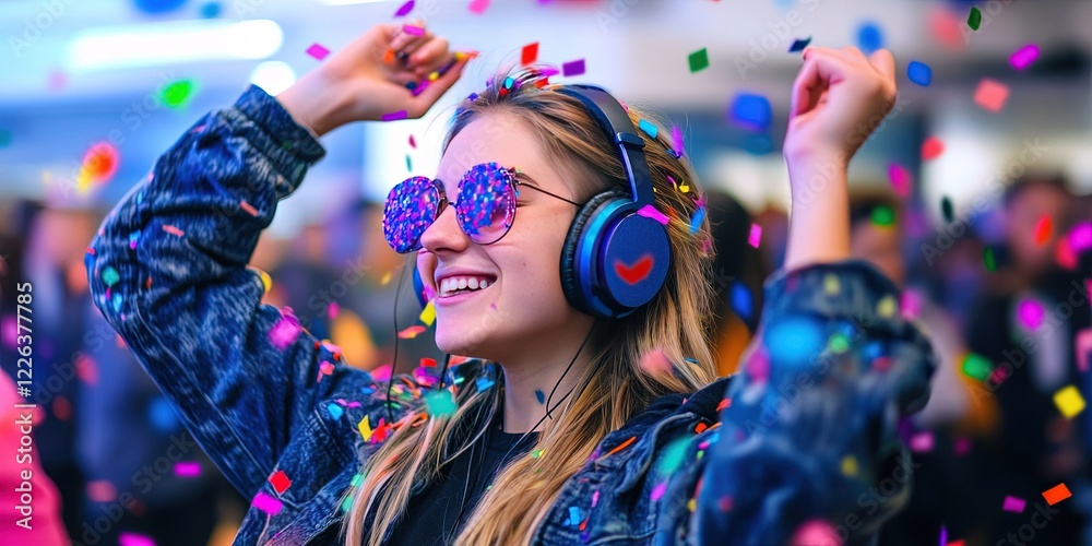 Fototapeta premium student wearing headphones, dancing in library, confetti 