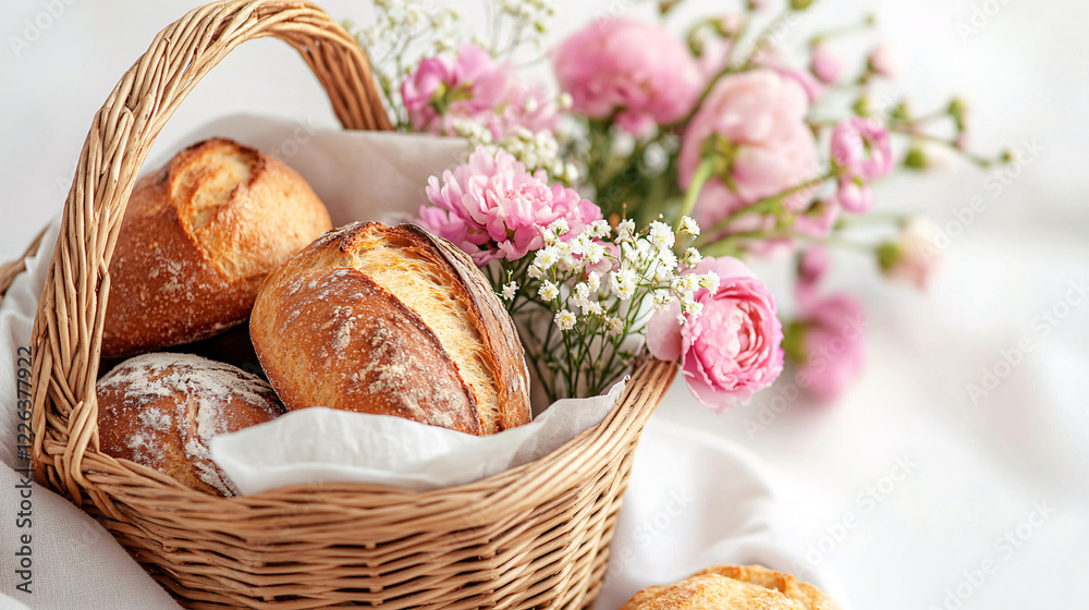 wicker basket with freshly baked bread and pink flowers on white background wicker basket with freshly baked bread and pink flowers on white background