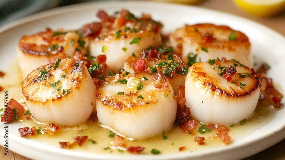Delicious Plate of Seared Scallops with Crispy Pancetta and Fresh Herb Garnish Delicious Plate of Seared Scallops with Crispy Pancetta and Fresh Herb Garnish