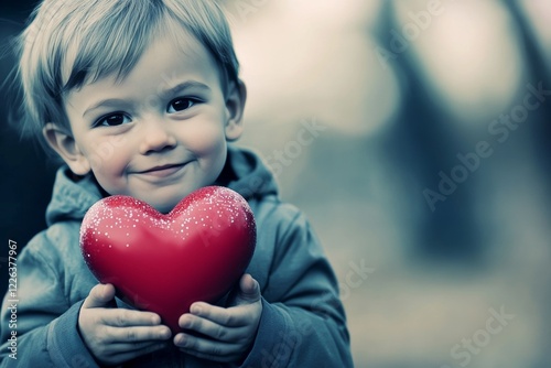 Sign of love. Ð¡hildren valentine's day greeting card: toddler boy with ecstatic face holds red heart in hands. Commercial ad campaign drawing. Emotional february 14. Love day kid concept. photo