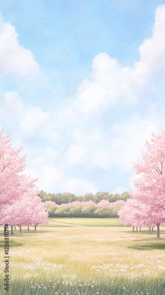 Spring Meadow with Cherry Blossoms - A Serene Landscape Painting - Phone Wallpaper Spring Meadow with Cherry Blossoms - A Serene Landscape Painting - Phone Wallpaper