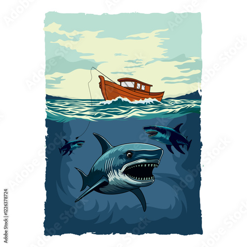 shark fishing illustration logo vector image t shirt