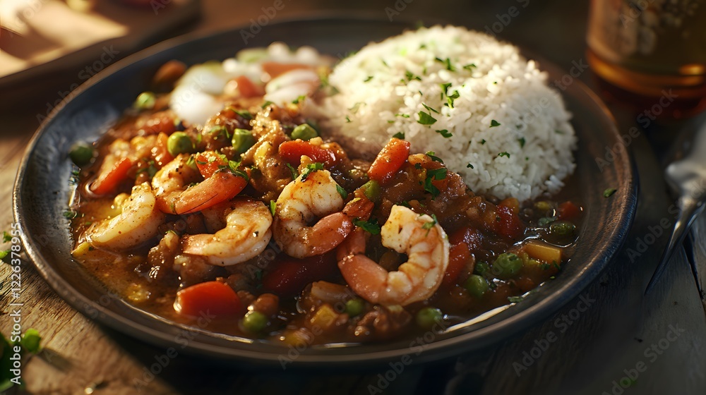 Vibrant New Orleans Gumbo Plate with Rice, Shrimp, and Fresh Ingredients on Rustic Wooden Table Vibrant New Orleans Gumbo Plate with Rice, Shrimp, and Fresh Ingredients on Rustic Wooden Table