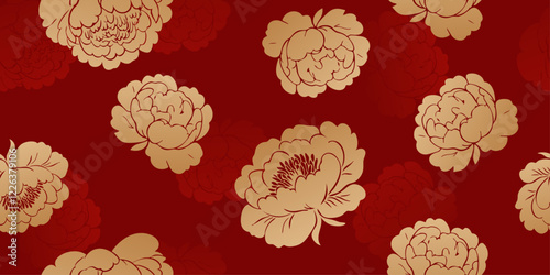 Elegant luxury hand drawn gold flower seamless pattern red background. Vector templates for social media post, wedding invitation, greeting card, packaging, branding, design