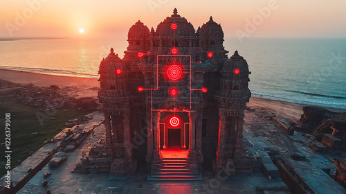 Ancient Somnath Jyotirlinga temple's intricately carved tower and pillars gleam in golden light at dawn, surrounded by lush greenery and serene Arabian Sea coastline in Gujarat photo