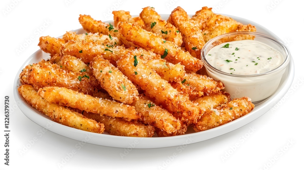 Crispy Golden French Fries Served on a Platter with a Side of Creamy Dipping Sauce and Fresh Parsley Garnish Crispy Golden French Fries Served on a Platter with a Side of Creamy Dipping Sauce and Fresh Parsley Garnish
