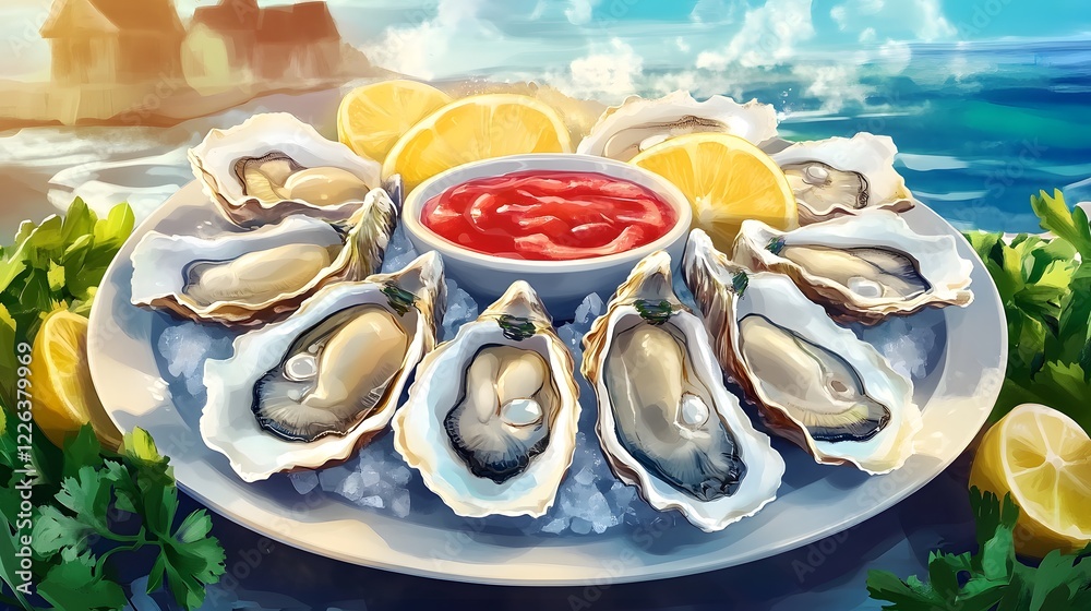 Fresh Oysters on Platter with Lemon Wedges and Cocktail Sauce by the Seaside in Vibrant Colors Fresh Oysters on Platter with Lemon Wedges and Cocktail Sauce by the Seaside in Vibrant Colors
