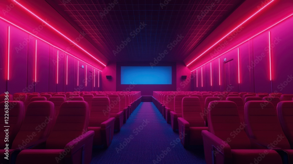Empty pink neon-lit movie theater. Empty pink neon-lit movie theater.