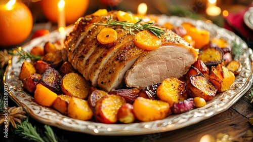 Exquisite Roasted Duck Breast Served with Orange Slices and Colorful Seasonal Vegetables on a Festive Platter