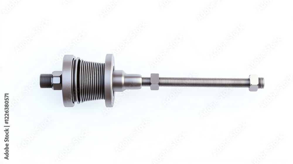 Close-up view of a mechanical component with a shiny metal finish, depicting precision engineering and robust design, isolated on a white background. Close-up view of a mechanical component with a shiny metal finish, depicting precision engineering and robust design, isolated on a white background.