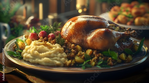 Festive platter of golden roasted turkey with savory stuffing and creamy mashed potatoes for a holiday feast photo