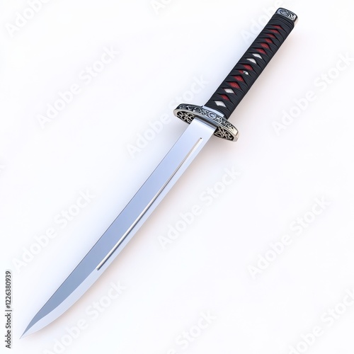 A sleek, silver wakizashi with a black and red saya, isolated on white. photo