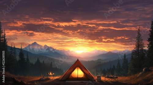 Camping adventure at sunset rocky mountains scenic landscape tranquil environment wide-angle view nature escape photo