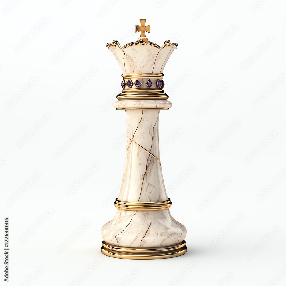 Elegant marble chess king piece on white isolated background, showcasing intricate details with a gold crown and decorative jewels. Elegant marble chess king piece on white isolated background, showcasing intricate details with a gold crown and decorative jewels.