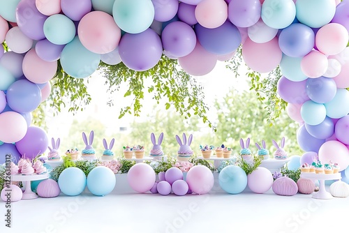 Easter day celebration with watercolor style decor outdoor venue party setup festive atmosphere photo